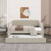 Twin Size Upholstered Daybed with Trundle and USB Charging Design, Velvet Upholstered Daybed Frame, Twin Sofa Bed for Living Room Bedroom