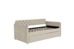 Twin Size Upholstered Daybed with Trundle and USB Charging Design, Velvet Upholstered Daybed Frame, Twin Sofa Bed for Living Room Bedroom