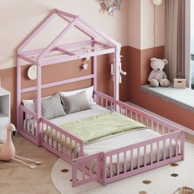 Wooden Floor Bed with Fence Railings and Detachable House Shape Headboard,Full Size Bed with Kids Dress Up Rack