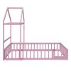 Wooden Floor Bed with Fence Railings and Detachable House Shape Headboard,Full Size Bed with Kids Dress Up Rack