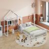 Wooden Floor Bed with Fence Railings and Detachable House Shape Headboard, Full Size Bed with Kids Dress Up Rack