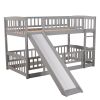 Bunk Bed with Slide,Twin Over Twin Low Bunk Bed with Fence and Ladder for Kids Teens Grey