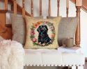 Flat-Coated Retriever and Flowers Throw Pillow Machine Washable, Indoor Outdoor Decorative Pillow for Couch, Bed or Patio, 14Hx14W