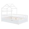 Wooden Full Size House Bed with Twin Size Trundle,Kids Bed with Shelf,White