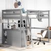 Full-Size Loft Bed, Integrated Desk and Shelves, Two Built-In Drawers, Stylish Gray