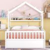 Wooden Full Size House Bed with Twin Size Trundle,Kids Bed with Shelf,White