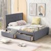 Queen-Size Linen Upholstered Platform Bed, Chic Headboard, Two Handy Drawers, Sophisticated Gray