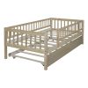 Twin Size Wood Daybed with Trundle and Fence Guardrails, Natural