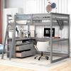 Full-Size Loft Bed, Integrated Desk and Shelves, Two Built-In Drawers, Stylish Gray