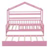 Wooden Twin Size House Bed with Trundle,Kids Bed with Shelf, Pink