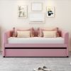 Twin Size Upholstered Daybed with Ergonomic Design Backrest and Trundle, Pink