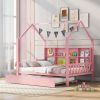 Wooden Full Size House Bed with Trundle,Kids Bed with Shelf,Pink