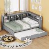 Wooden Full Size DayBed with Twin Size Trundle, DayBed with Storage Shelf and USB Charging Ports,Grey