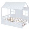 Full Size Wood House Bed With Twin Size Trundle, Wooden Daybed, White