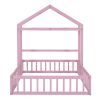 Wooden Floor Bed with Fence Railings and Detachable House Shape Headboard,Full Size Bed with Kids Dress Up Rack