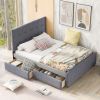 Queen-Size Linen Upholstered Platform Bed, Chic Headboard, Two Handy Drawers, Sophisticated Gray
