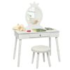 Kids Wooden Princess Makeup Table with Cushioned Stool