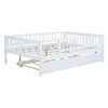 Full Size Wood Daybed with Trundle and Fence Guardrails, White