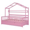 Wooden Twin Size House Bed with Trundle,Kids Bed with Shelf, Pink