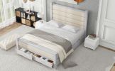 Queen Size Wood Frame Platform Bed with Upholstered Headboard, Footboard and 2 Drawers, Antique White