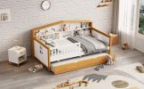 Twin Size House Shape Daybed with Trundle and Bookcase Headboard Wooden Bed for Girls Boys Teens, No Box Spring Needed, Walnut and White