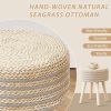 Round Ottoman Footstool Natural Seagrass Foot Stool Pouf Ottomans with Solid Wood Legs Hand Weave Hyacinth Footrest Step Stool for Living Room Balcony