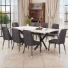 1 table and 8 chairs. A rectangular dining table with a white imitation marble tabletop and black metal legs. Paired with 8 chairs