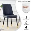 1 table and 8 chairs. A rectangular dining table with a white imitation marble tabletop and black metal legs. Paired with 8 chairs