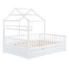 Wooden Full Size House Bed with Twin Size Trundle,Kids Bed with Shelf,White