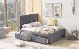 Queen-Size Linen Upholstered Platform Bed, Chic Headboard, Two Handy Drawers, Sophisticated Gray