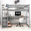 Full-Size Loft Bed, Integrated Desk and Shelves, Two Built-In Drawers, Stylish Gray