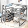 Full-Size Loft Bed, Integrated Desk and Shelves, Two Built-In Drawers, Stylish Gray
