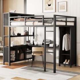 Metal Loft Bed with Wardrobe And L-shaped Desk, Full Size Loft Bed with Storage Cubes and Shelves, Heavy Duty Loft Bed for Kids Teens Adults (Color: as Pic)