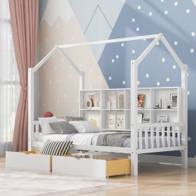 Wooden Twin Size House Bed with 2 Drawers,Kids Bed with Storage Shelf, White (Color: as Pic)