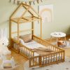 Wooden Floor Bed with Fence Railings and Detachable House Shape Headboard, Twin Size Bed with Kids Dress Up Rack