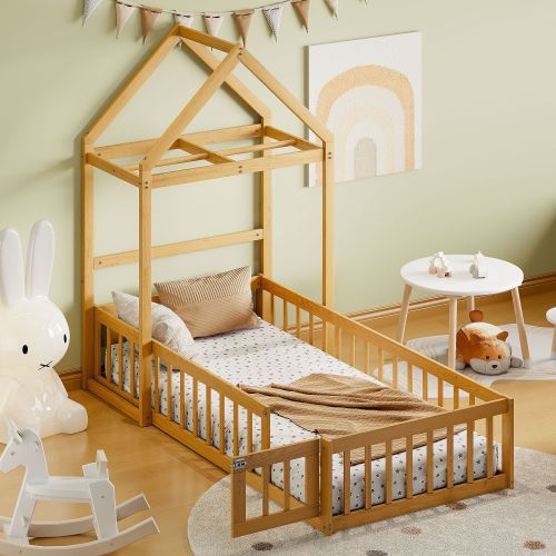 Wooden Floor Bed with Fence Railings and Detachable House Shape Headboard, Twin Size Bed with Kids Dress Up Rack