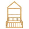 Wooden Floor Bed with Fence Railings and Detachable House Shape Headboard, Twin Size Bed with Kids Dress Up Rack