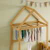Wooden Floor Bed with Fence Railings and Detachable House Shape Headboard, Twin Size Bed with Kids Dress Up Rack