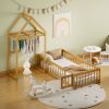 Wooden Floor Bed with Fence Railings and Detachable House Shape Headboard, Twin Size Bed with Kids Dress Up Rack