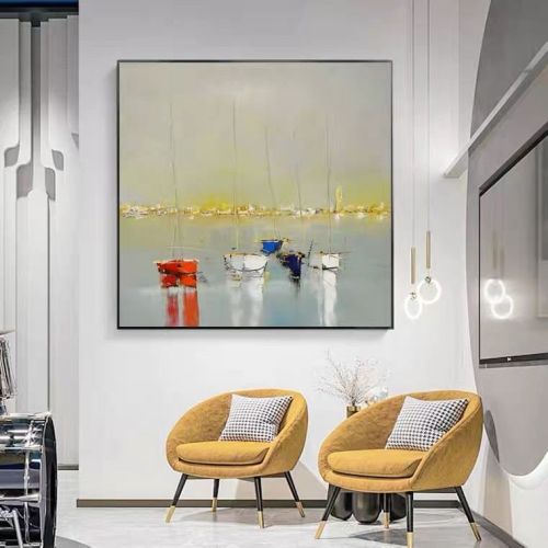 Ocean Wall Art Canvas Oil Painting Sunrise Bathroom Handmade Boat Landscape Posters Picture for Bedroom Beach House Decor Ocean Wall Art Canvas Oil Painting Sunrise Bathroom Handmade Boat Landscape Posters Picture for Bedroom Beach House Decor