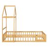 Wooden Floor Bed with Fence Railings and Detachable House Shape Headboard, Twin Size Bed with Kids Dress Up Rack